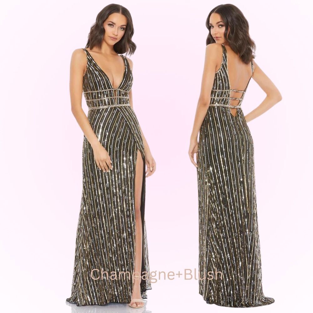 Mac Duggal | 5232 Metallic Embellished Plunge Open Back Gown Size 6 NEW Prom